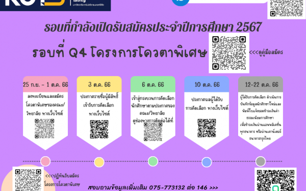 ปฏิทินการรับสมัครและคัดเลือกบุคคลเข้าศึกษาต่อ ปีการศึกษา 2567 รอบที่ Q4 โครงการโควตาพิเศษ วิทยาเขตนครศรีธรรมราช พื้นที่ไสใหญ่